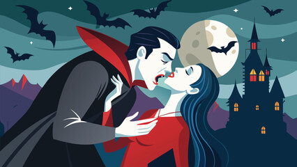 Dracula sucking blood of a young woman illustration Halloween