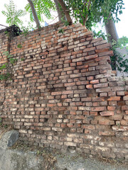 Wall of brick, old, damaged brick wall with uneven, crumbling bricks and signs of ageing, plants sprouting through cracks, trees peeking out from behind wall - nature reclaiming space