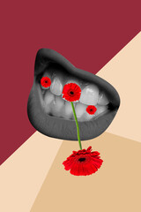 3d pop image vertical art collage of mouth show teeth grimace bite gerbera flower spring summer holiday celebration gossip