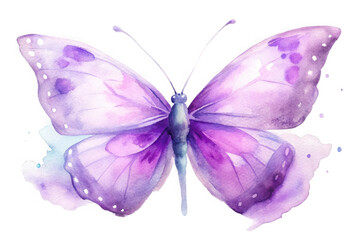 Beautiful watercolor purple butterfly with delicate wings and white spots isolated on transparent background