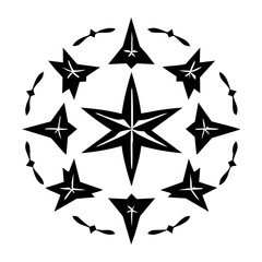 Obraz premium Hand drawn ink illustration of a complex star mandala with central and surrounding star shapes and small propeller elements