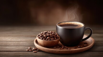 Fototapeta premium Steaming black coffee mug on rustic wooden surface