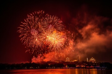 Vibrant fireworks explode over nighttime city skyline by waterfront