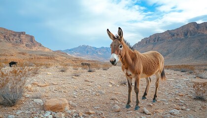 Naklejka premium A lone donkey stands in a rocky desert landscape, mountains in the background.