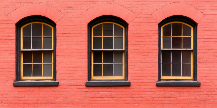 Three arched windows with black frames are set in a red brick wall. Urban architectural design, symmetry, minimalism - Powered by Adobe