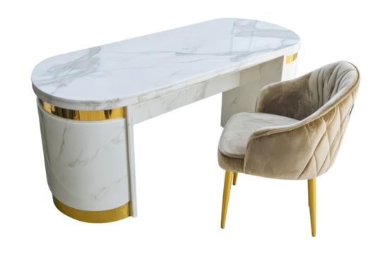 Luxury marble desk with gold accents and velvet chair modern elegant workspace furniture isolated on transparent background perfect for interior design mockup