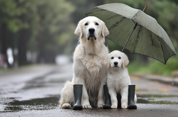 Obraz premium Photo of a white golden retriever standing in rain black rubber boots, holding a small puppy on a leash, dog,