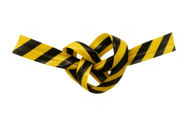 Knotted yellow-black caution tape symbolizing warning, restriction, security against transparent backdrop