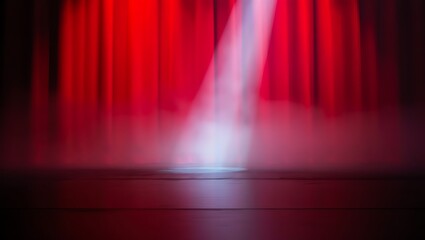 Dramatic red stage curtains illuminated by a spotlight with atmospheric smoke image