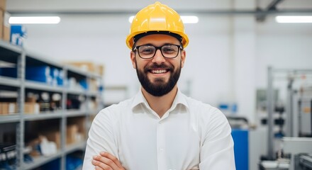 Smiling engineer in a factory, wearing a hard hat and glasses, arms crossed.