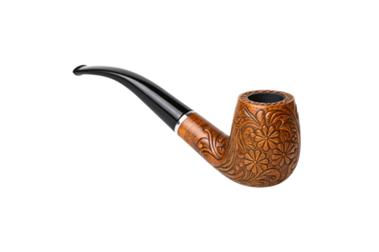 Beautifully carved wooden smoking pipe displaying ornate floral patterns with sleek black tapered stem, isolated on a transparent background