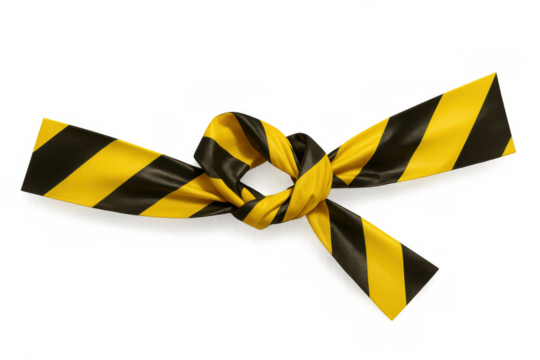Knotted yellow-black caution tape symbolizing barrier, restriction, warning signal on transparent backdrop