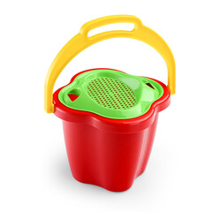 A toy red bucket with a sieve on a white background.