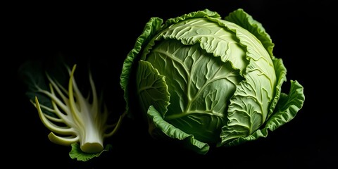 Obraz premium A whole savoy cabbage, vibrant green, sits on a stark black background, contrast, recipe