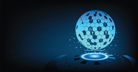 Futuristic cybersecurity abstract globe with hexagonal digital lock icons on glowing blue sphere, representing secure data network, encryption system, and modern digital protection in virtual cyberspa