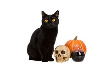 Black cat with amber eyes near skull, glass bottle, and orange pumpkin, isolated on a transparent background