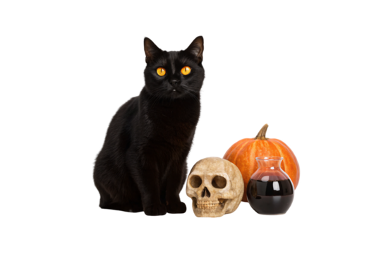 Black cat with amber eyes near skull, glass bottle, and orange pumpkin, isolated on a transparent background