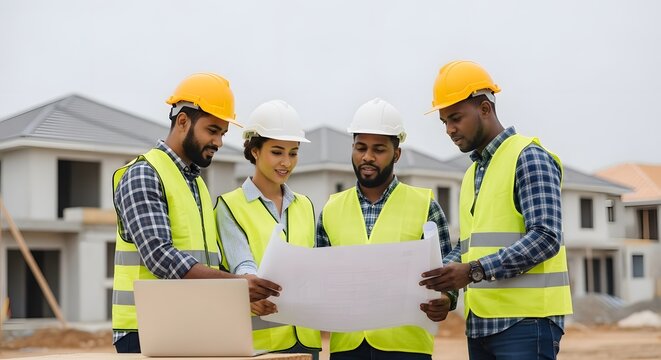 Construction team reviewing blueprints at a new housing development.