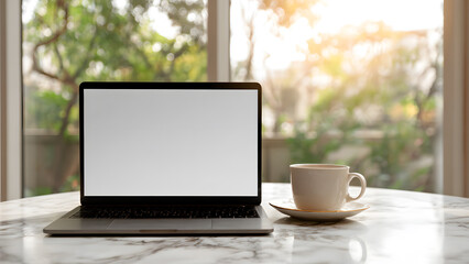 Fototapeta premium Laptop on marble table next to a cup of coffee in a bright setting.