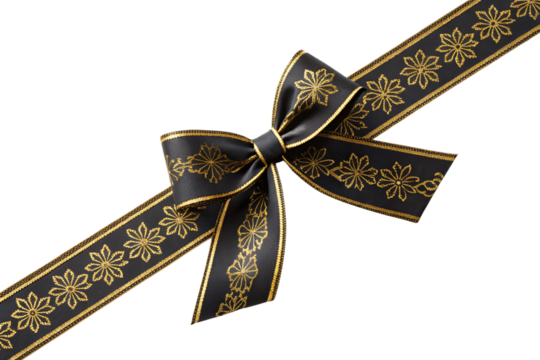 Black ribbon with golden star pattern tied in elegant bow crossing diagonally, isolated on a transparent background - Powered by Adobe