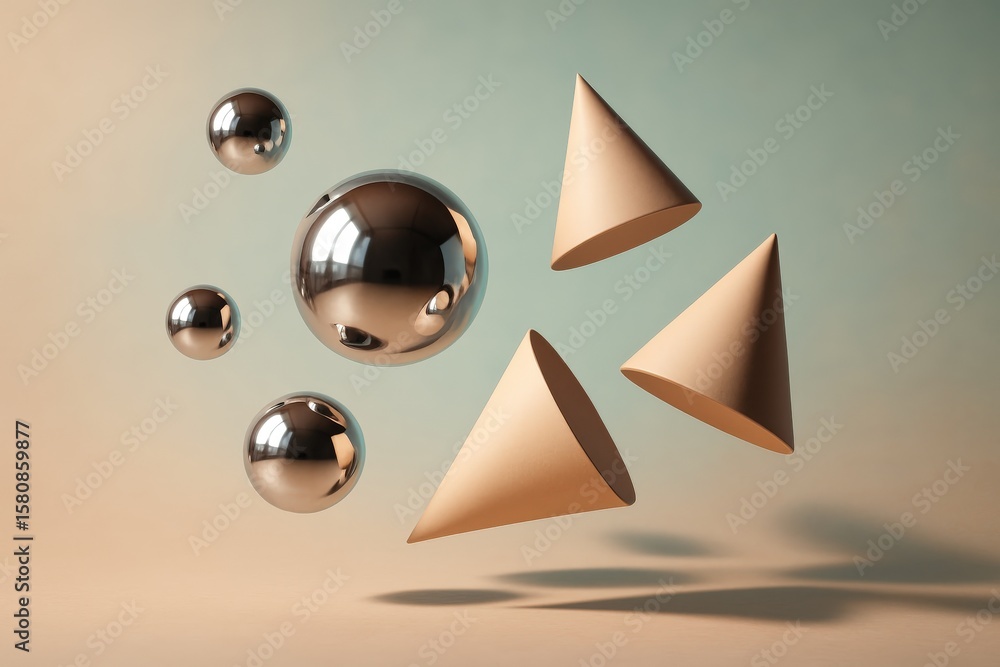 Fototapete Abstract rendering features floating metallic spheres and cones against a gradient background, creating minimalist art.