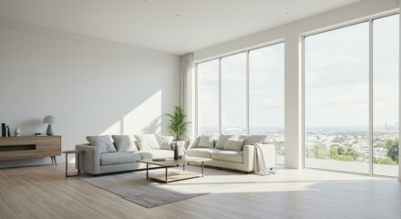 Fototapeta premium Bright living room with comfortable seating, natural light, and a view of the city skyline. Stylish and inviting space.