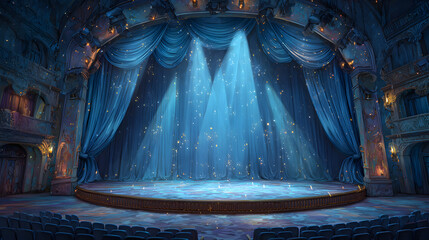 Theater concert stage with curtain cartoon scene background. Opera show spotlight in empty school hall for comedy performance. Open platform for opera play with magic bokeh sparkles light in center
