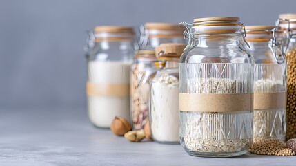Glass jars filled with grains, pantry staples, kitchen storage