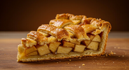 A delectable slice of apple pie with a beautiful lattice crust sits on a rustic wooden surface, showcasing its sweet, spiced apple filling and golden-brown pastry