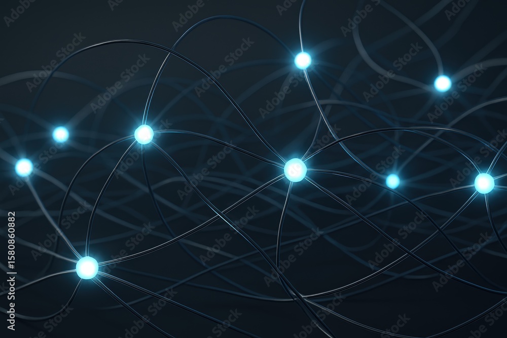 Poster connection network of bright nodes illustrating technology, internet and communications with a dark 