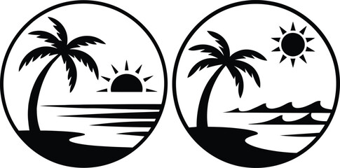 Set of Silhouette circular tropical beach scenes with palm tree and sun vector