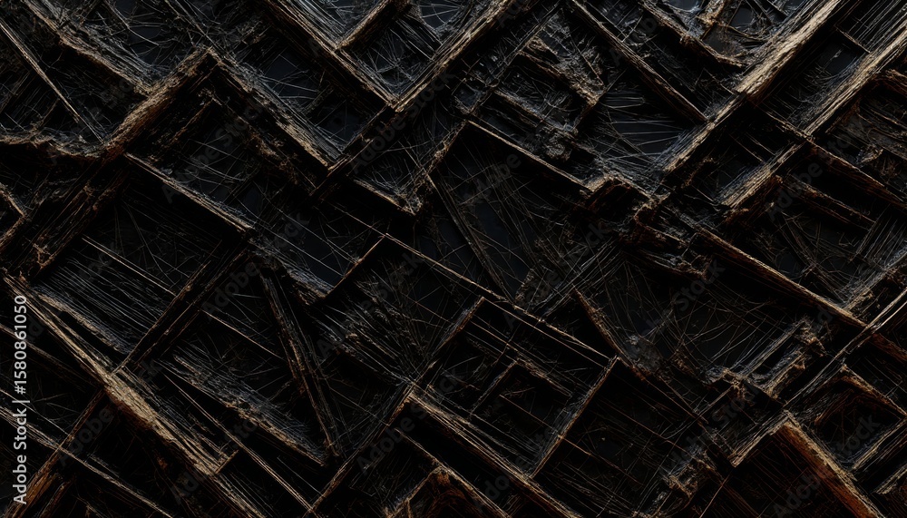 Poster this 3d, 4k image showcases a dark and textured surface composed of interlocking geometric shapes, r
