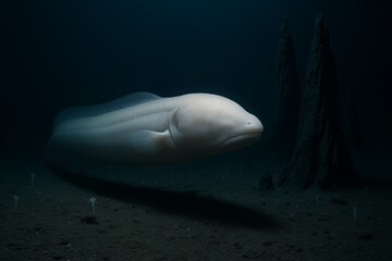A rare faceless, eyeless cusk-eel glides along the sea floor at depths around 4,000-6000m. Its pale, featureless body is adapted to the eerie stillness of the deep ocean trench.
