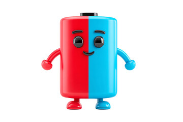 A cartoonish figure of a battery with a smile on its face