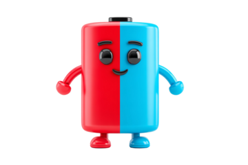 A cartoonish figure of a battery with a smile on its face