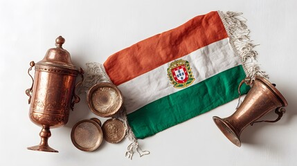 Vintage Copperware and Flag of Portugal, cultural display