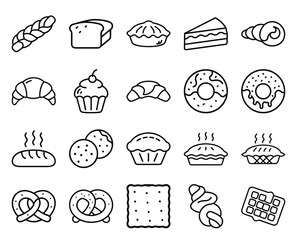 Bakery Icons Bread, Cupcake, Cake Slice, Waffle, Pretzel, Pie, Donut, Croissant Line Art