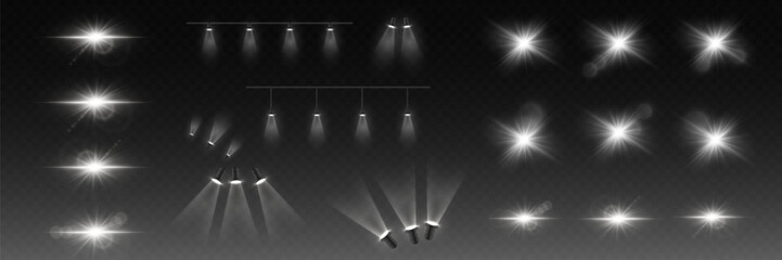 Collection of white glow effects. Light flashes, lamp and spotlight light.