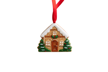 Gingerbread house Christmas ornament with snow-covered roof and evergreen trees hanging from red ribbon, isolated on a transparent background
