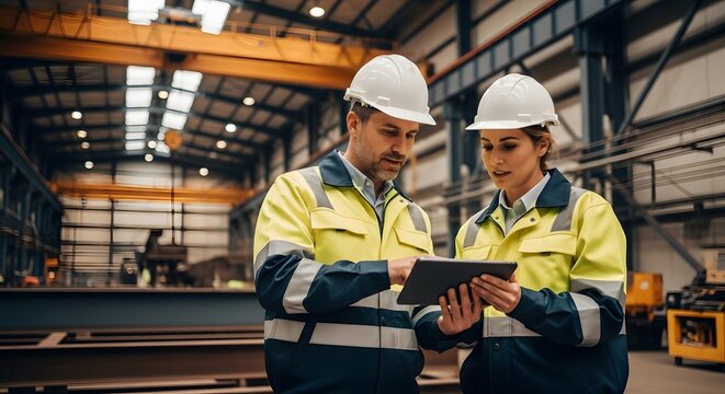 Two engineers in safety gear reviewing a tablet inside a large industrial factory.