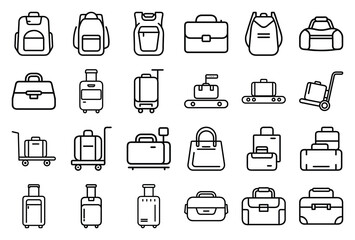 Luggage Set Icons, Bags, Backpacks and Suitcases Line Art on Transparent Background
