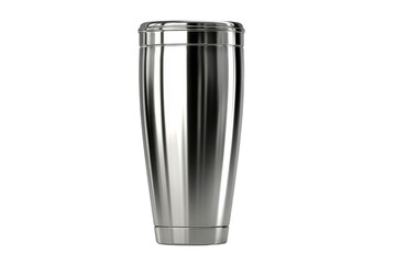 A silver cup with a silver handle sits on a white background
