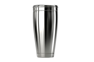 A silver cup with a silver handle sits on a white background