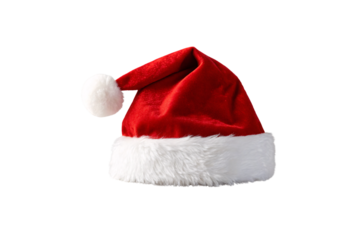 Festive Santa hat with drooping tip, white fur cuff, fluffy pompom, and seasonal holiday styling, isolated on a transparent background