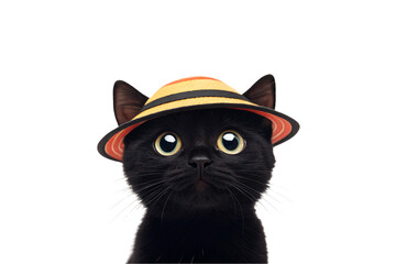Black kitten wearing straw hat with orange ribbon, golden eyes, cute pet portrait, isolated on a transparent background