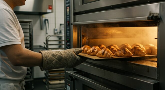 Baker taking out fresh croissants from a commercial oven, showcasing the baking process and golden brown pastries.