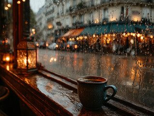 a rainy day outside a cafe with raindrops on the window and a steaming cup of coffee on the window sill. The background features blurred lights and the wet pavement, suggesting an urban setting.