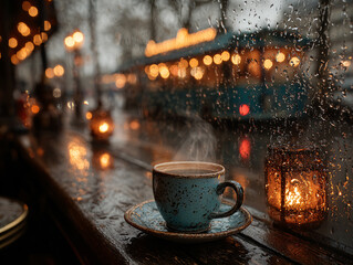 a rainy day outside a cafe with raindrops on the window and a steaming cup of coffee on the window sill. The background features blurred lights and the wet pavement, suggesting an urban setting.