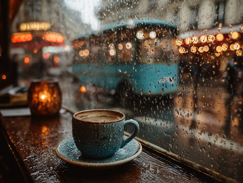 a rainy day outside a cafe with raindrops on the window and a steaming cup of coffee on the window sill. The background features blurred lights and the wet pavement, suggesting an urban setting.