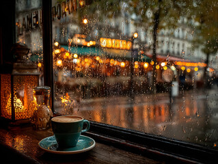 a rainy day outside a cafe with raindrops on the window and a steaming cup of coffee on the window sill. The background features blurred lights and the wet pavement, suggesting an urban setting.